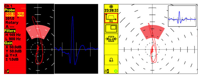 Ecran de l'Aérocheck, (image gauche) Double affichage (XY et base de temps du mode rotatif) et (image droite)  Modifications possibles après gel d’écran d’un double affichage (XY et base de temps du mode rotatif) - SOFRANEL